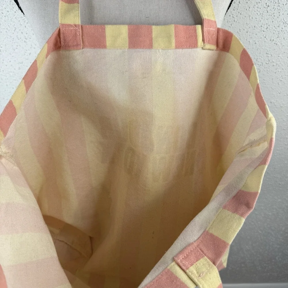 Bonjour New York Striped Yellow Pink Women's Canvas Tote Bag Beach Pool Travel